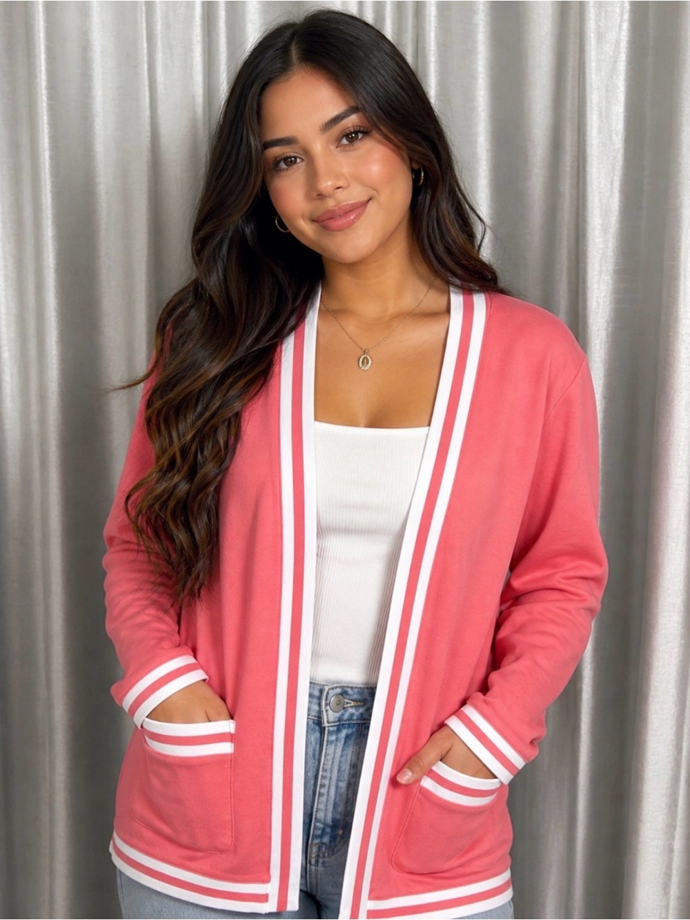 Isaac Mizrahi Live! Coral Open-Front Varsity Stripe Cardigan Sweater W Pockets